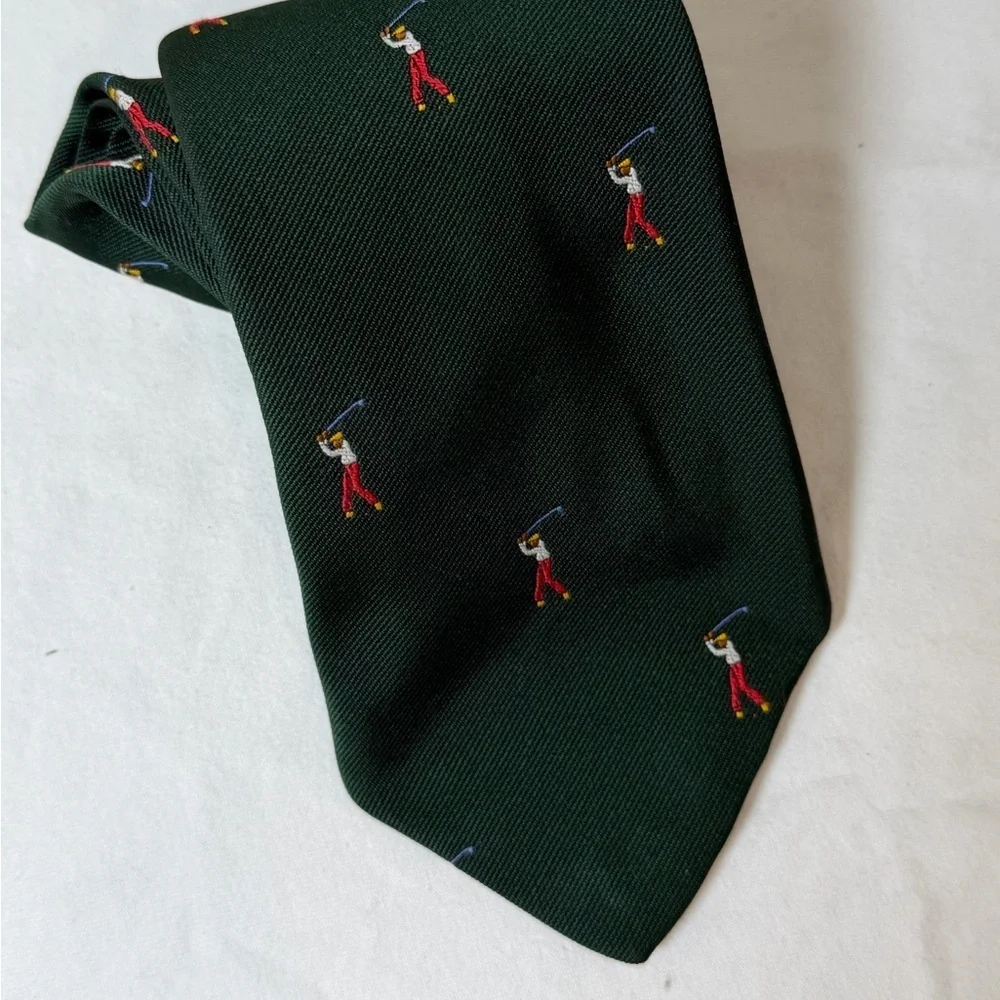 Trimingham Bermuda Green All Over Print Golf Embroidered Pattern Tie EUC